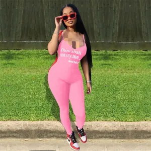 Adogirl Thou Shall Not Try Me Letters Print Spaghetti Straps Cotton Jumpsuit Women Sexy Casual Camisole Romper Stretchy Overalls M S2115671