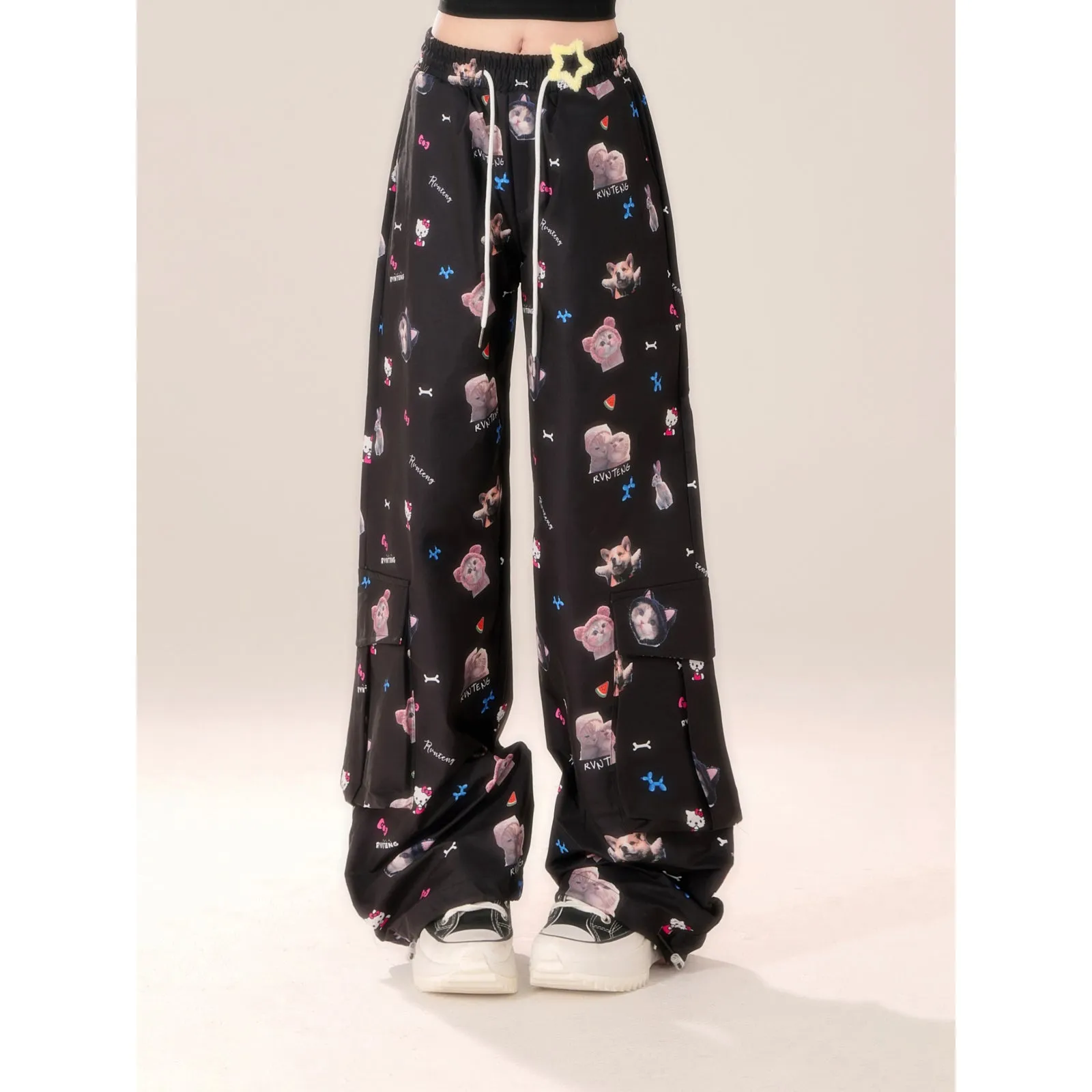 American Style Cartoon Kitten Print Black Straight Overalls