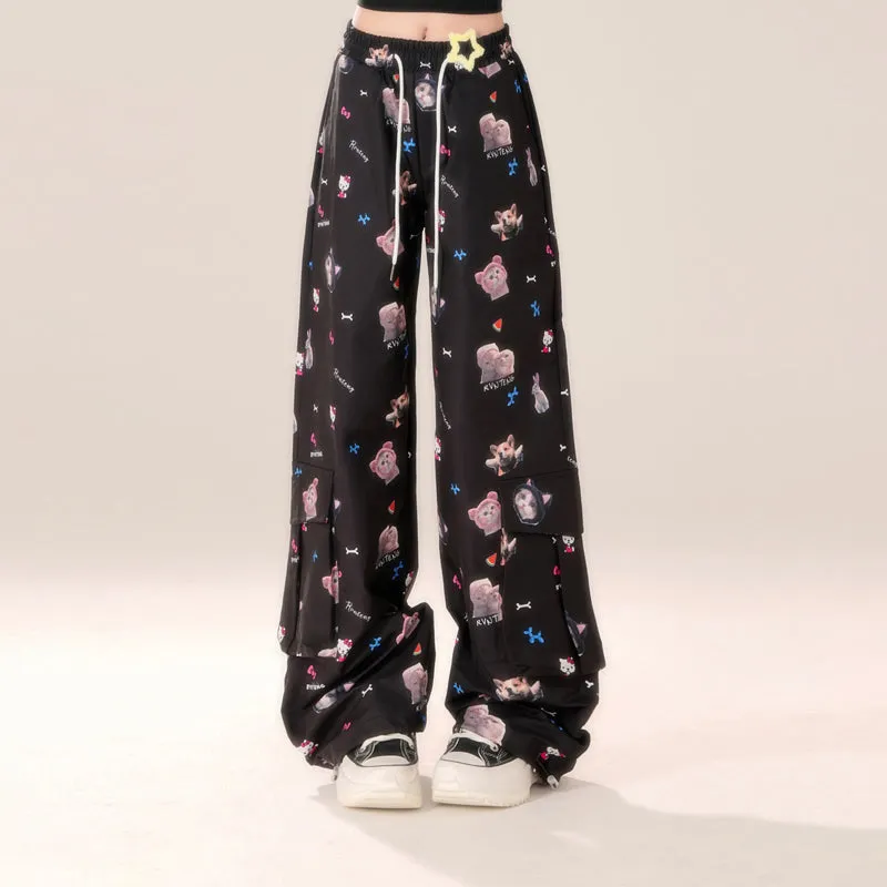 American Style Cartoon Kitten Print Black Straight Overalls