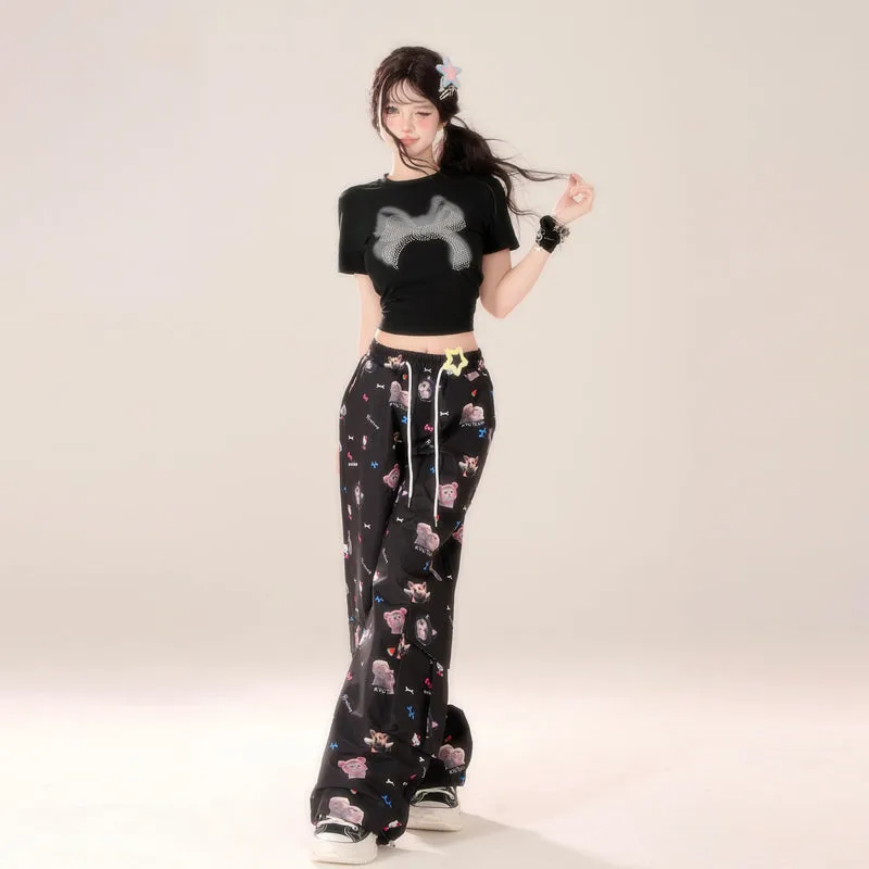 American Style Cartoon Kitten Print Black Straight Overalls