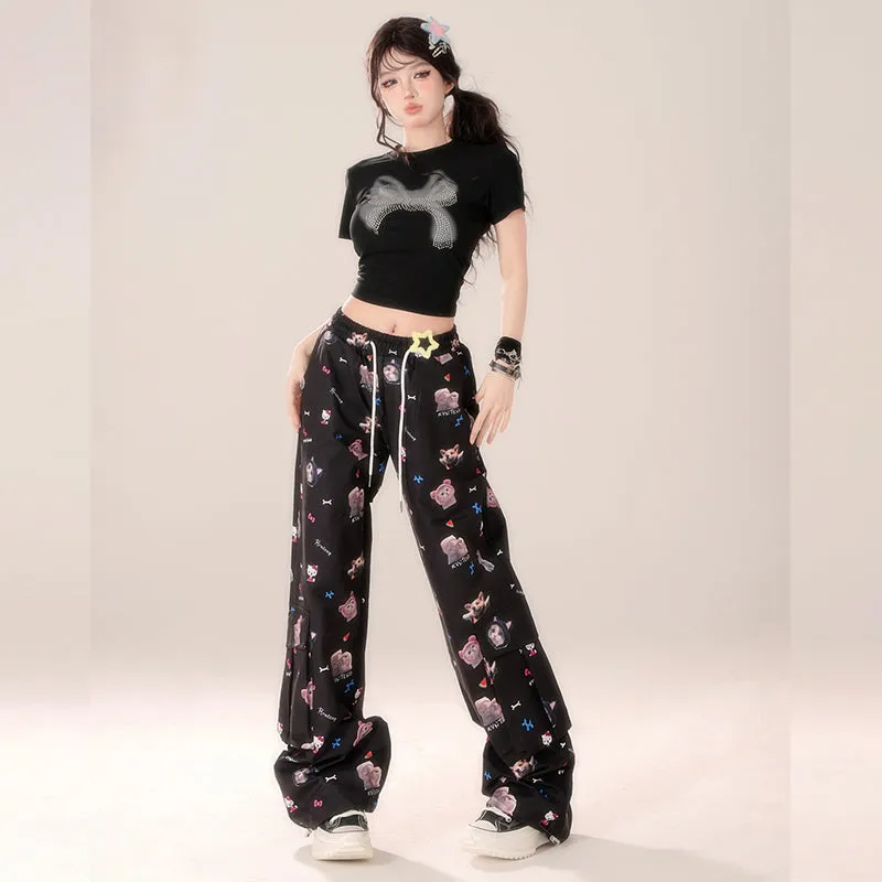 American Style Cartoon Kitten Print Black Straight Overalls
