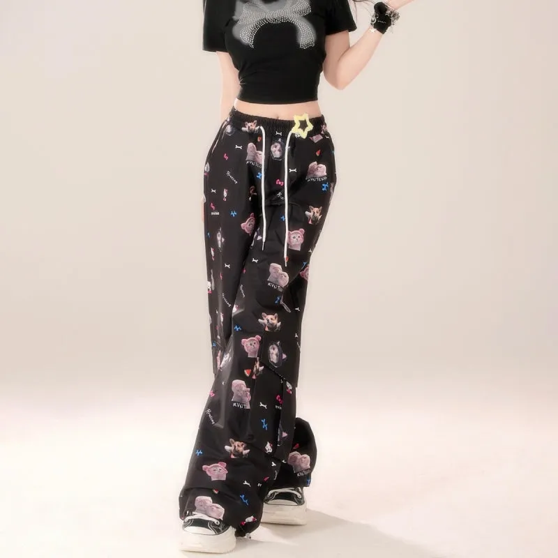 American Style Cartoon Kitten Print Black Straight Overalls