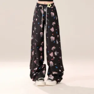 American Style Cartoon Kitten Print Black Straight Overalls