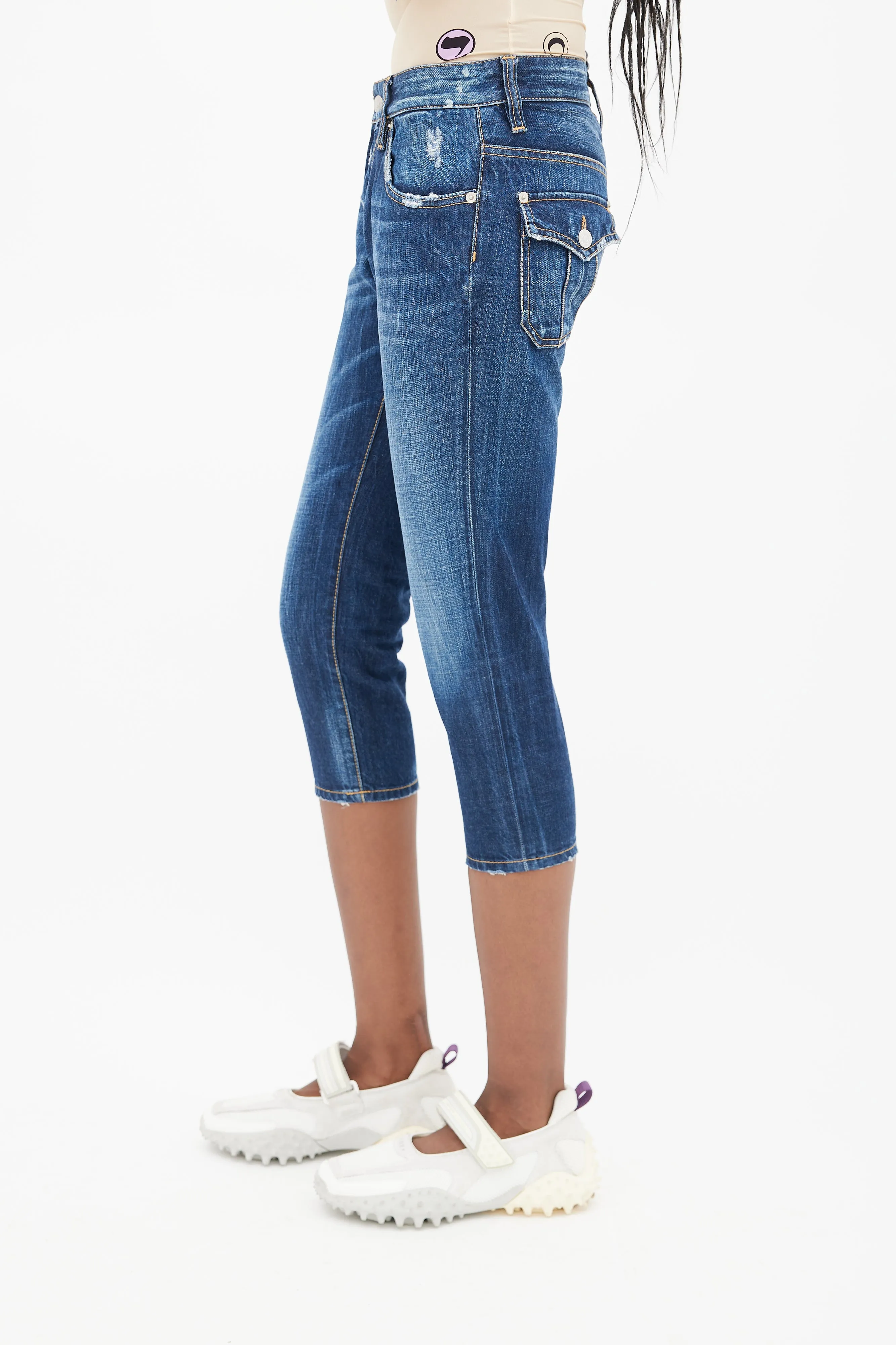 Blue Low Rise Distressed Denim Capri