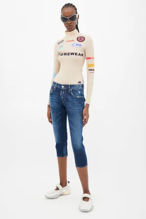 Blue Low Rise Distressed Denim Capri