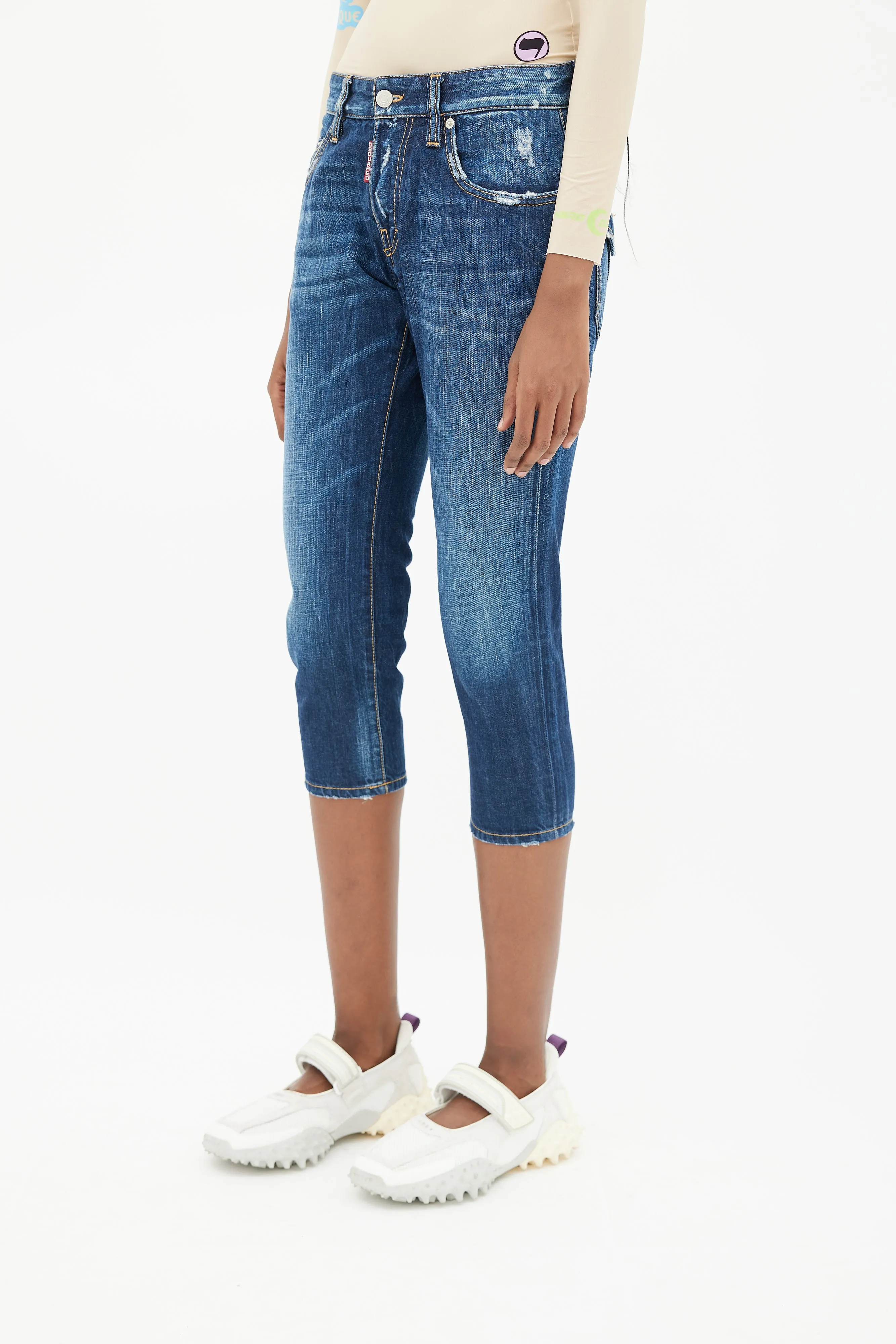 Blue Low Rise Distressed Denim Capri