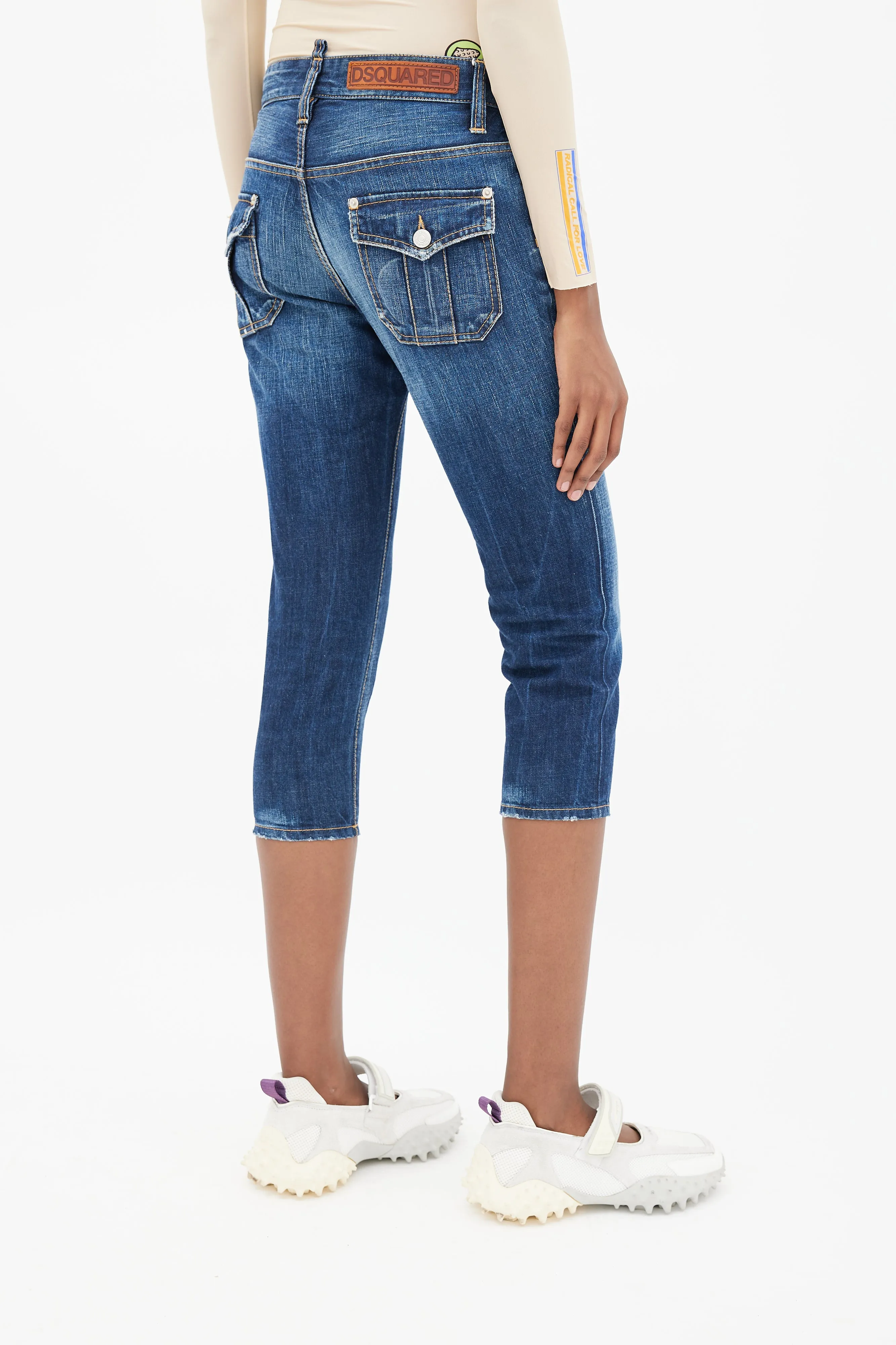 Blue Low Rise Distressed Denim Capri
