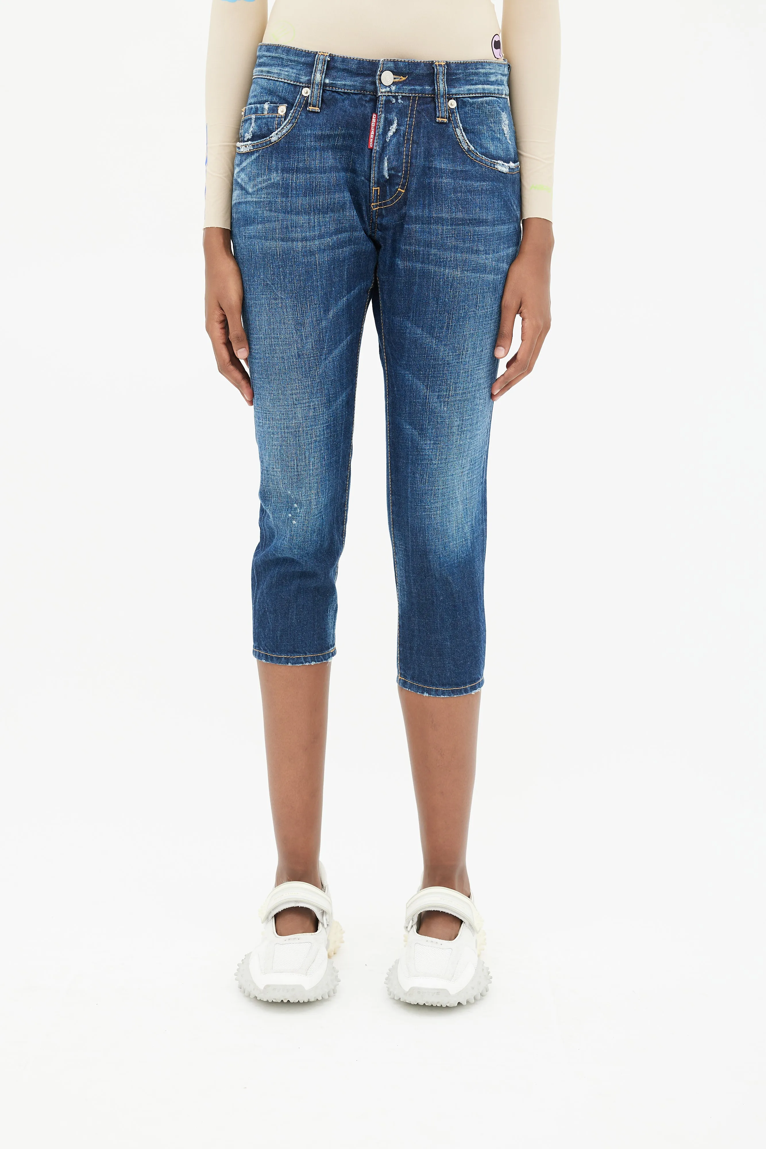 Blue Low Rise Distressed Denim Capri