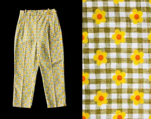 Child Size 8 to 10 Daisy Print 1960s Pant - Juniors Cotton Gingham Pedal Pusher Capris - 60s Slim Brown Checks - NWT Deadstock - Waist 22