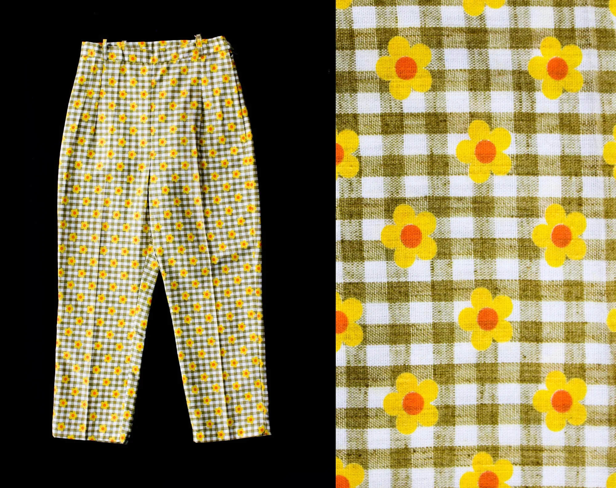 Child Size 8 to 10 Daisy Print 1960s Pant - Juniors Cotton Gingham Pedal Pusher Capris - 60s Slim Brown Checks - NWT Deadstock - Waist 22
