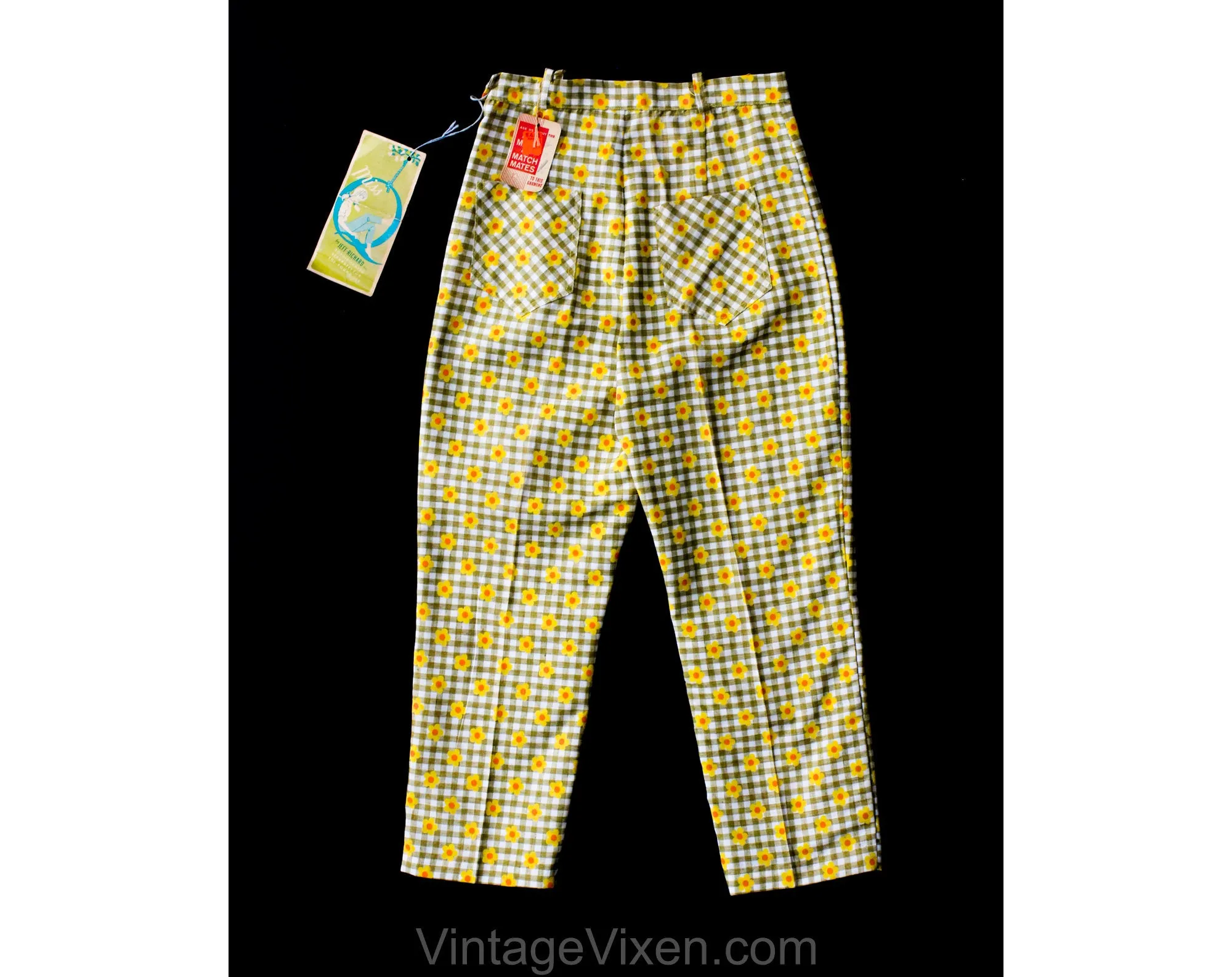 Child Size 8 to 10 Daisy Print 1960s Pant - Juniors Cotton Gingham Pedal Pusher Capris - 60s Slim Brown Checks - NWT Deadstock - Waist 22