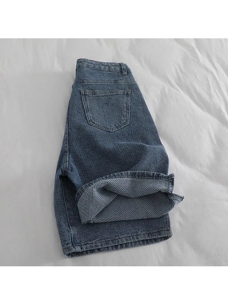 Girlary American Vintage Casual High Waist Blue Denim Shorts Fashion Women's Y2K Wide Leg Baggy Straight Jeans Pants Female Clothes