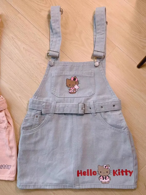 Kawaii Denim Overalls with Kitty Face