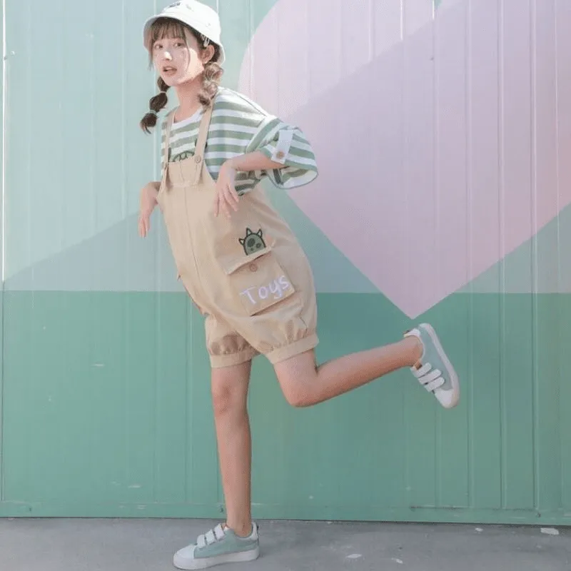 Kawaii Monster Stripe T-Shirt Pocket Overalls