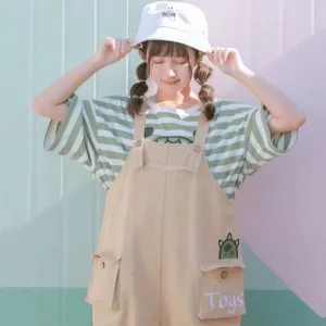 Kawaii Monster Stripe T-Shirt Pocket Overalls