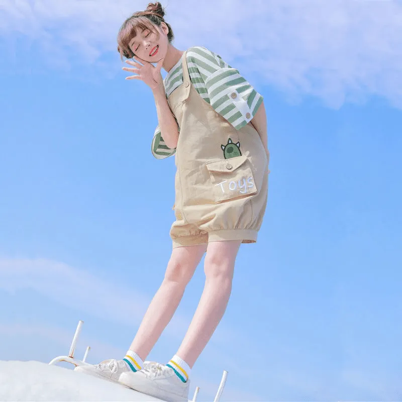 Kawaii Monster Stripe T-Shirt Pocket Overalls