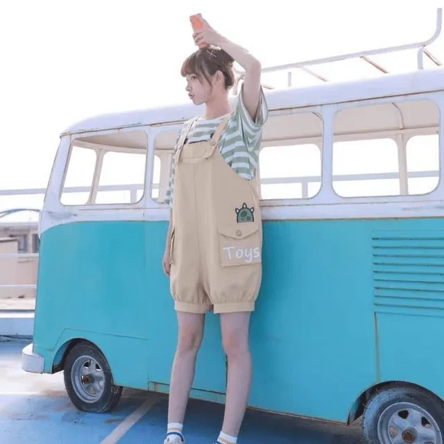 Kawaii Monster Stripe T-Shirt Pocket Overalls