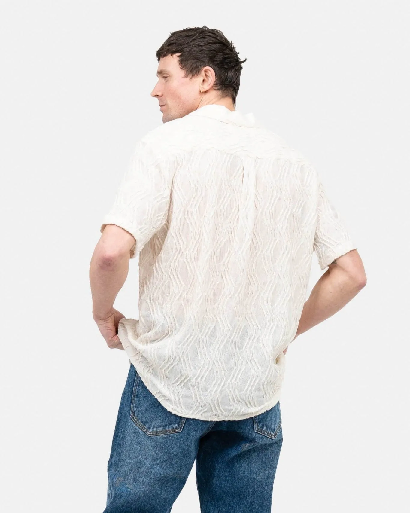 Kortærmet Jacquard Skjorte Cremehvid