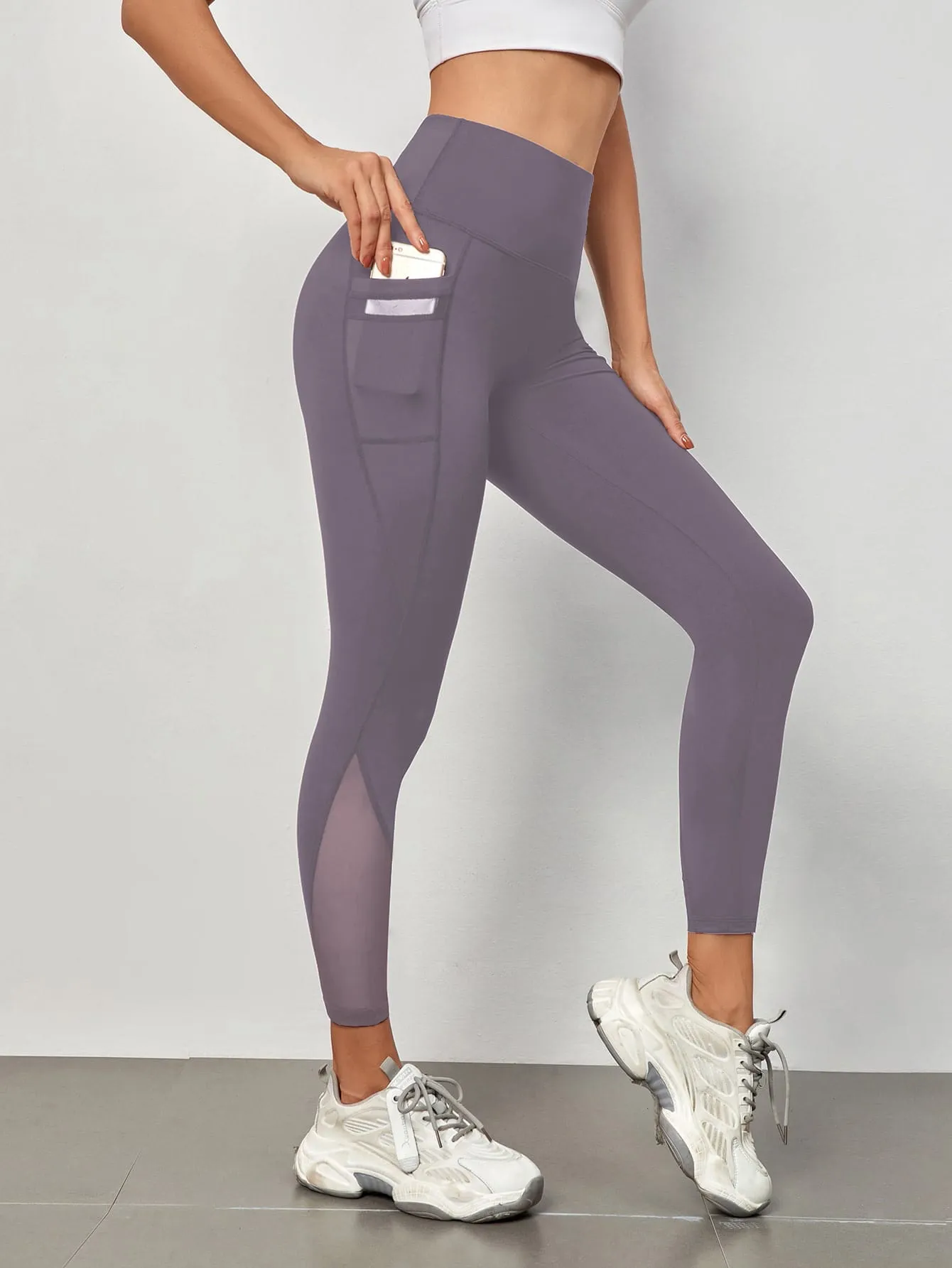 Mesh Panels Sports Leggings With Phone Pocket
