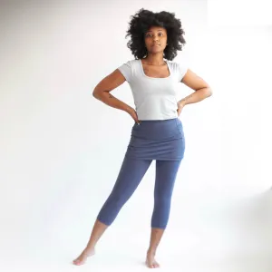 Nordic Dusk Blue Grey Skirted Capris Leggings with Pockets