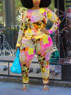 Plus Size Autumn Winter Popular Elements Printed Long Sleeve Casual Two Piece Set