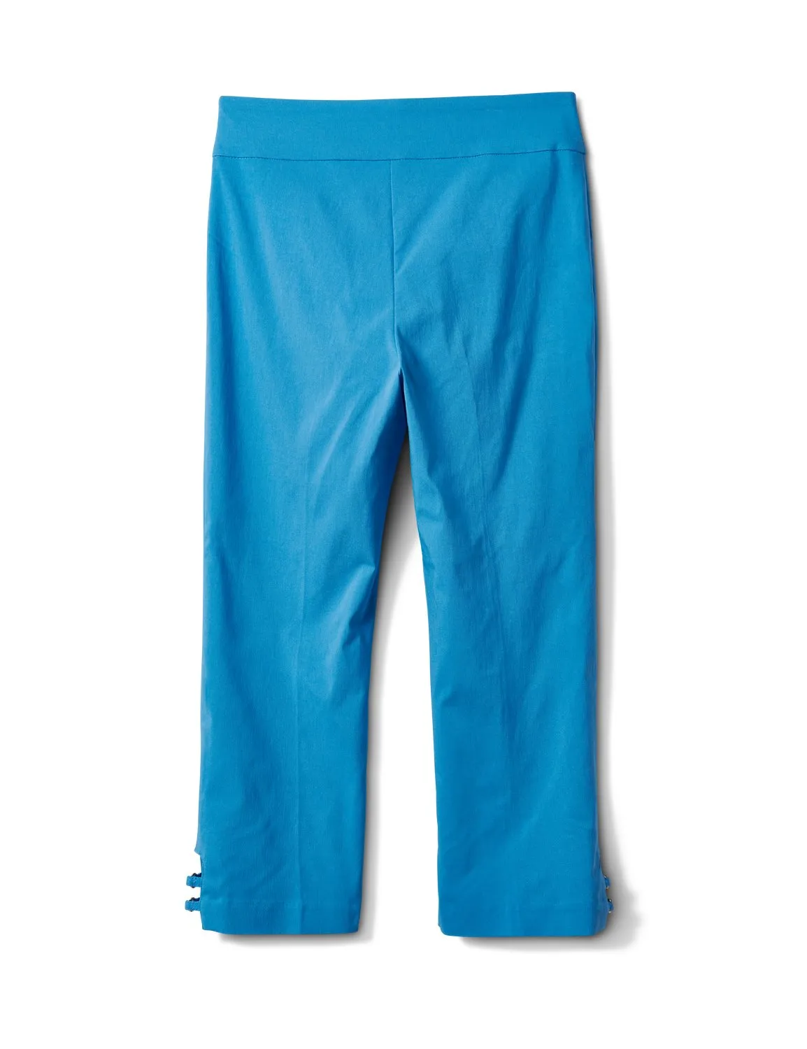 Superstretch Pull On Capri Pant With Tabs And Grommet Trim Hem Detail