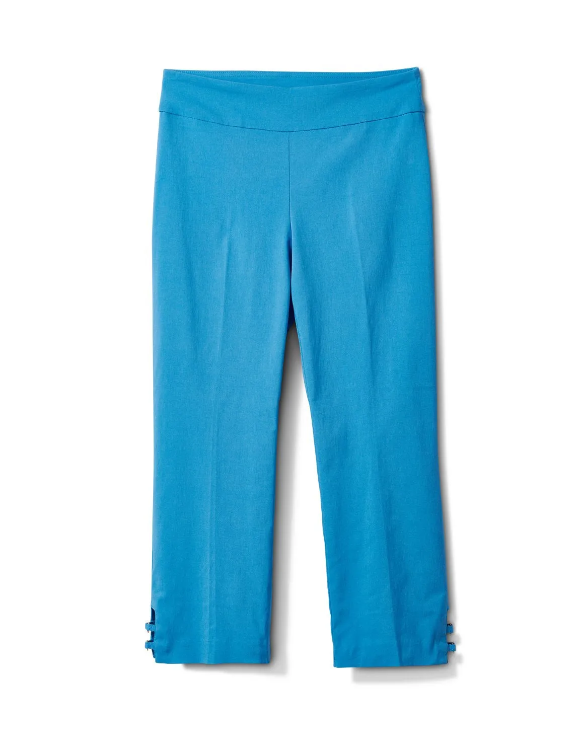 Superstretch Pull On Capri Pant With Tabs And Grommet Trim Hem Detail