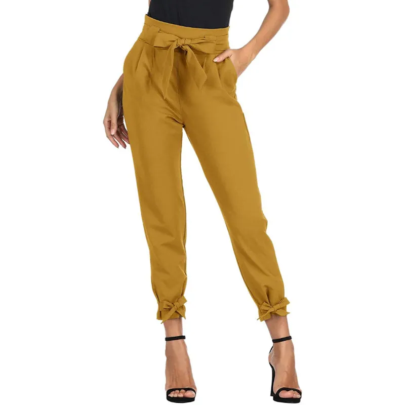 Women Casual High Waist Pencil Pants With Bow-Knot Pockets For Work